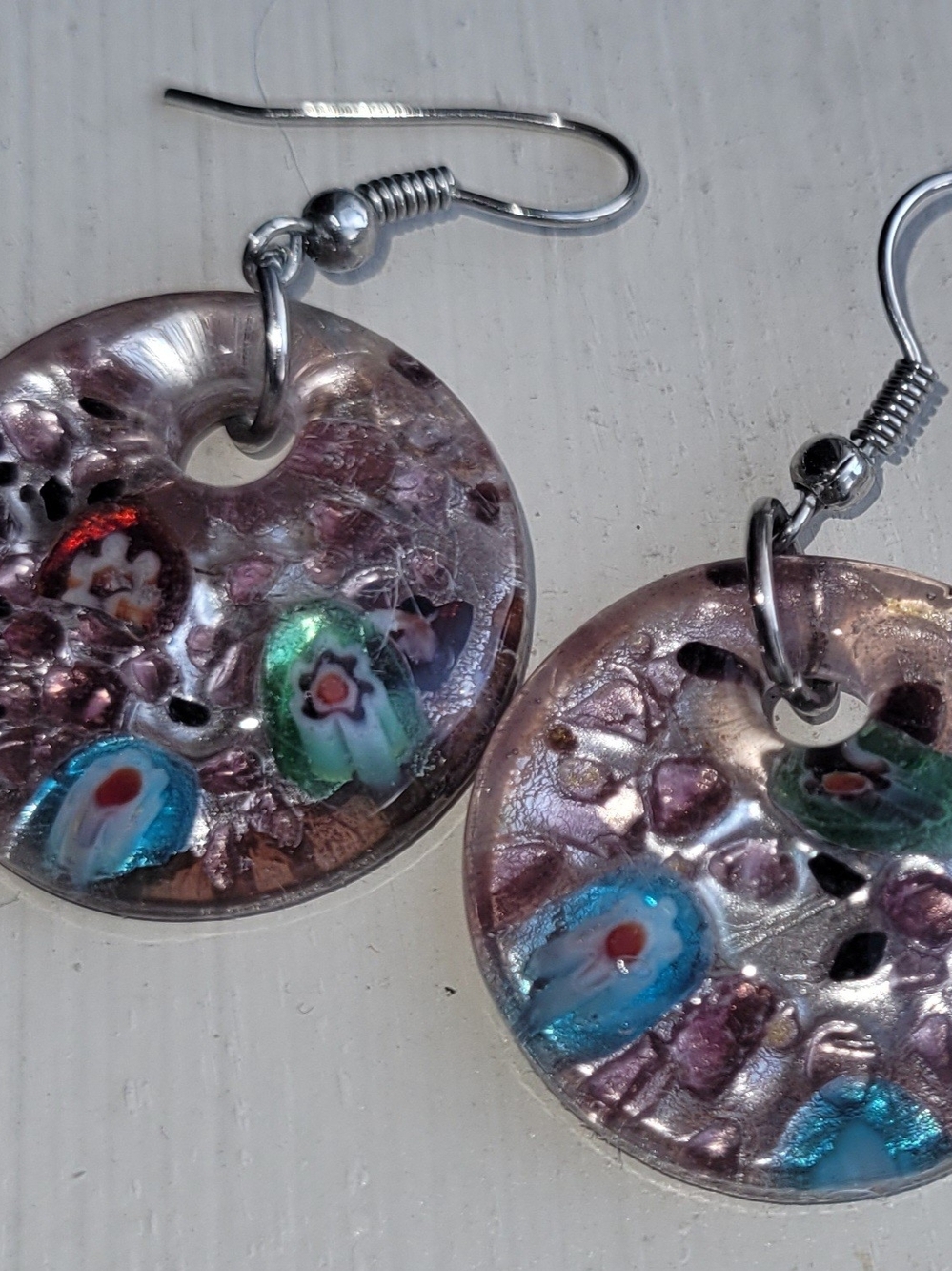 Murano Millefiori Disc Earrings in Purple, Blue and Green
